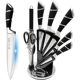 Kitchen Knife Set, 9-Pieces Black Sharp Non-Stick Coated Chef Knives Block Set ,Stainless Steel Knife Set for Kitchen with Sharpener for Cutting Slici